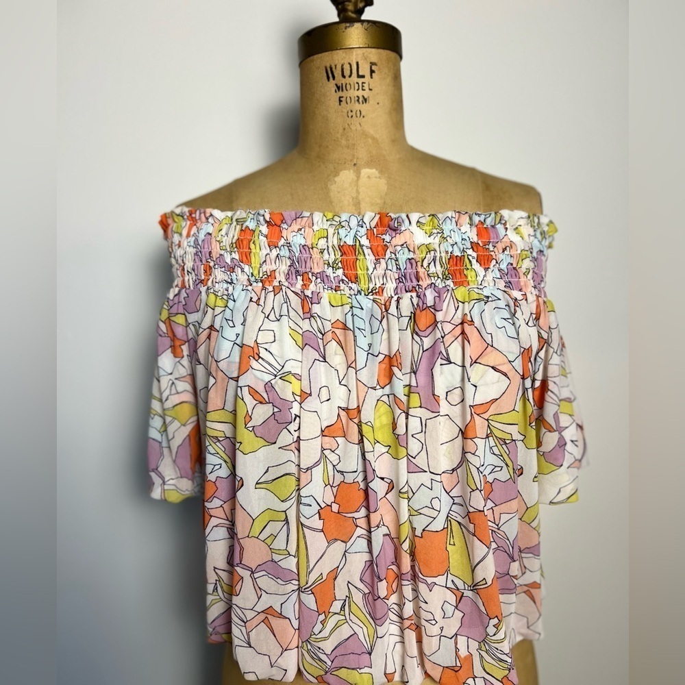 Free People stretchy bright floral short sleeve off shoulder Top small